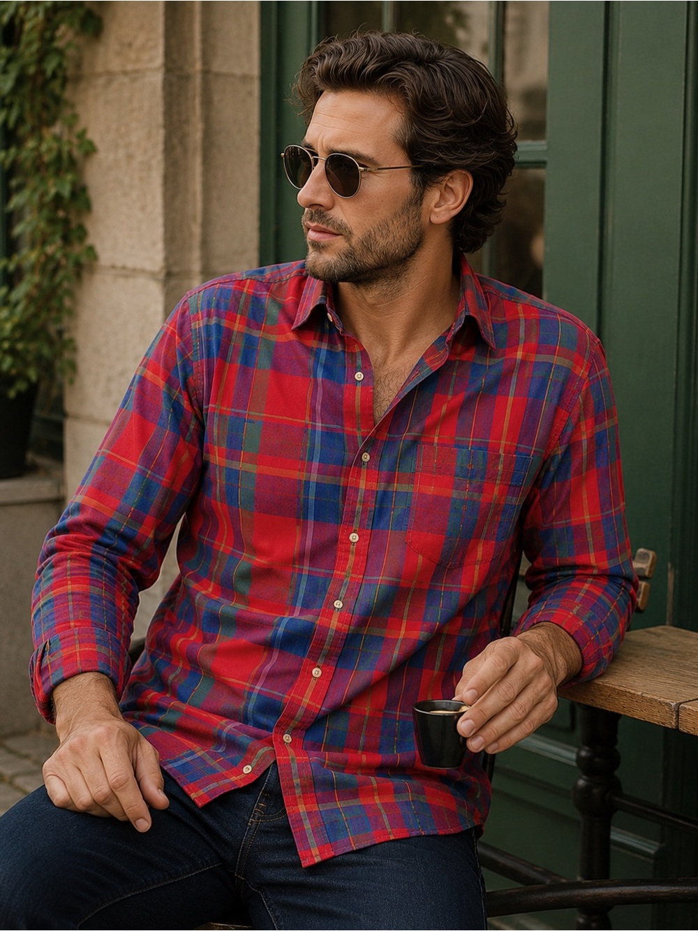 Vintage Etienne Aigner Plaid Shirt Men’s L Red Blue Olive Cotton Button Down